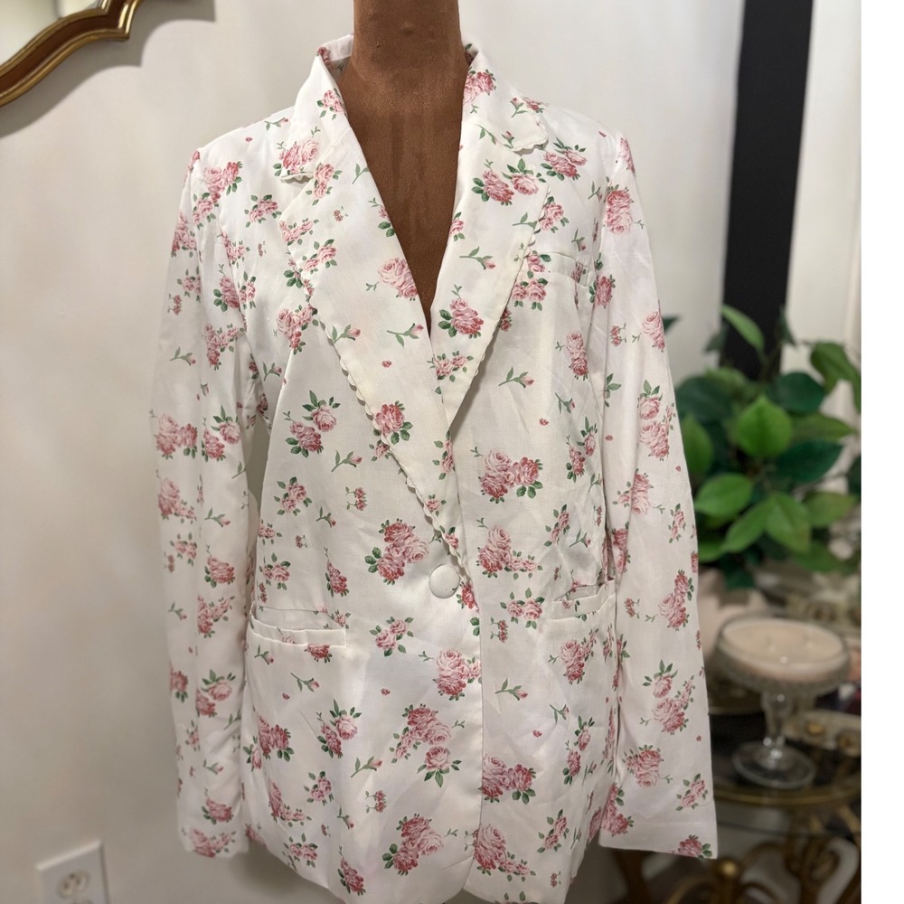 Floral Print Blazer Women's TCEC Pink Roses White‎ Spring Summer Jacket